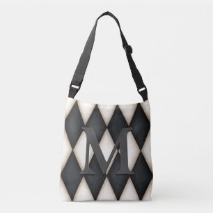 Black & White Harlequin Dramatic Custom Monogram Tragetaschen Mit Langen Trägern