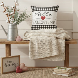 Black & White Hello Valentine Plaid Gingham Kissen