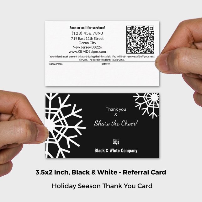 Black & White Holiday Bonus Vielen Dank Empfehlungskarte (Snowflake Black & White Share The Cheer Thank You Referral Card; Size 3.5x2 Inch (US))