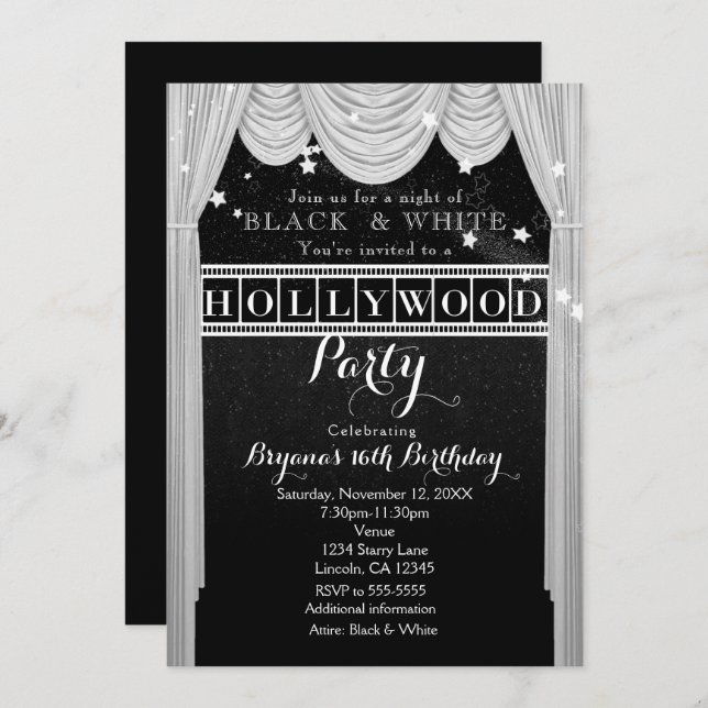 Black & White HOLLYWOOD Gardinen Party Einladungen (Vorne/Hinten)