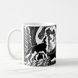 Black & White Howling Husky am Abend Linocut Kaffeetasse