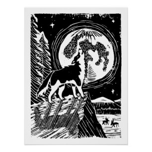 Black & White Howling Husky am Abend Linocut Poster