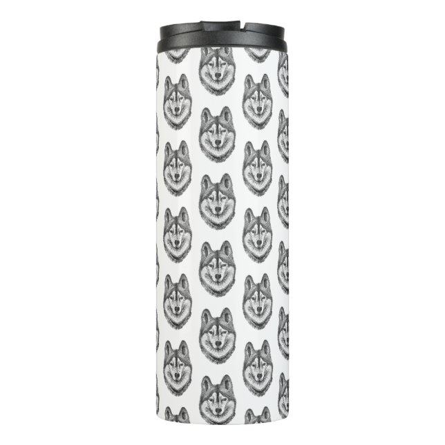 Black & White Ink & Watercolor Siberian Husky Thermosbecher (Rückseite)