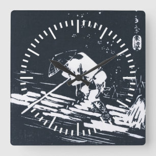 Black&White Japaner Ukiyo-e Hanaikada Quadratische Wanduhr