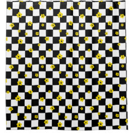BLACK & WHITE KARO PATTERN & TINY YELLOW BLUMWERKE DUSCHVORHANG