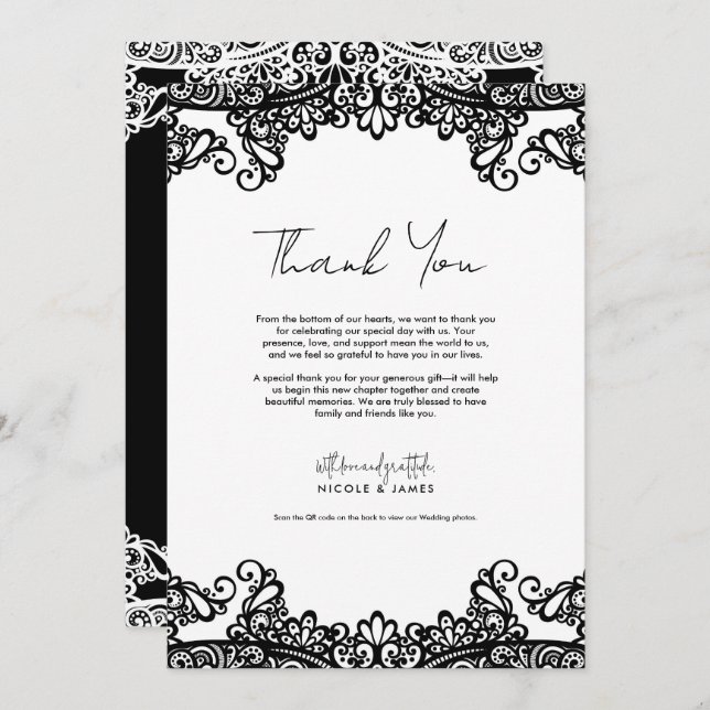 Black & White Lace Elegante Wedding Vielen Dank Einladung (Vorne/Hinten)