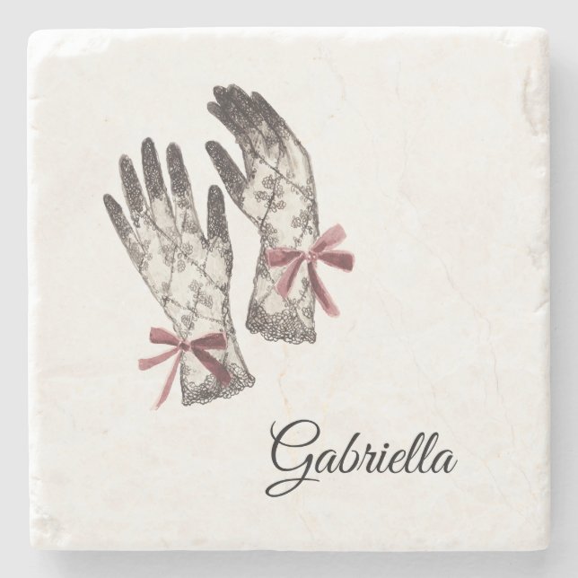 Black White Lace Gloves Burgundy Bow Steinuntersetzer (Vorderseite)