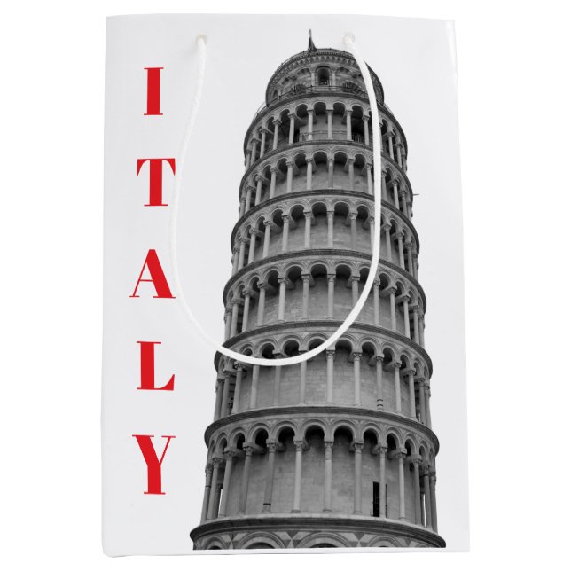 Black White Leaning Tower of Pisa Italy Mittlere Geschenktüte (Vorderseite)