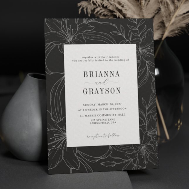 Black White Lily Flower Rustic Elegant Wedding Einladung (Von Creator hochgeladen)