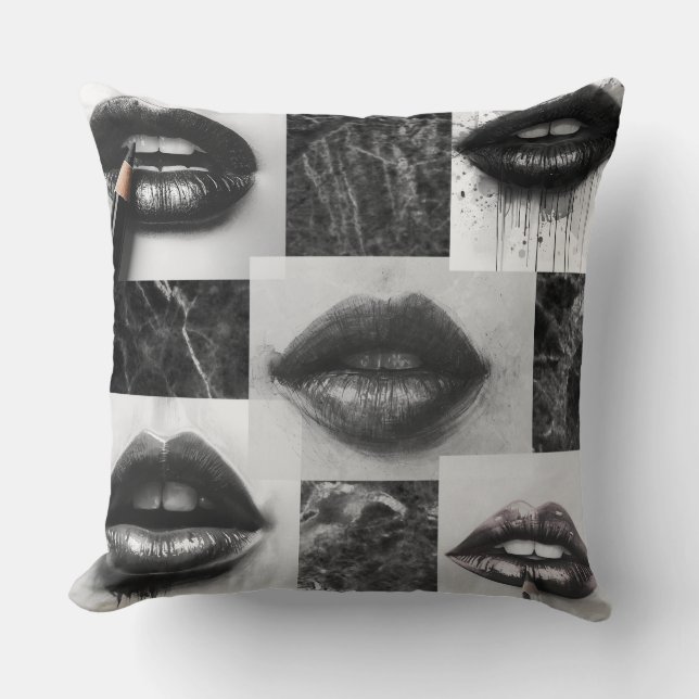 Black & White Lips Collage Throw Pillow Kissen (Vorderseite)