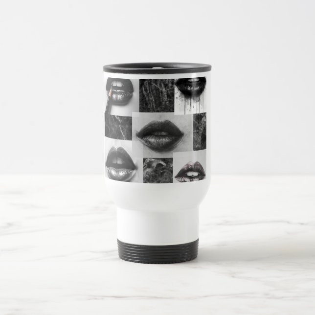 Black & White Lips Collage Travel Mug – Coffee Cup Reisebecher (Mittel)