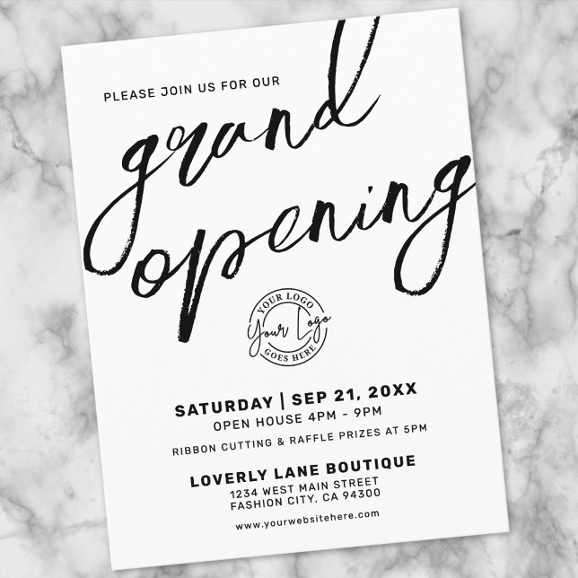 Black White Logo Business Grand Opening Invitation Postkarte (Black White Logo Business Grand Opening Invitation Postcard)