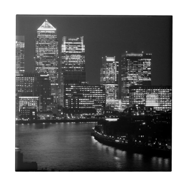 Black White London City Night UK Travel Fliese (Vorderseite)