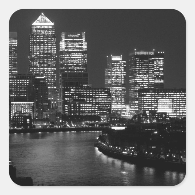 Black White London City Night UK Travel Quadratischer Aufkleber (Vorderseite)