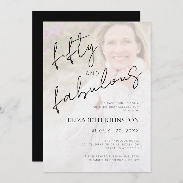 Black White Minimal Photo 50 and Fabulous Birthday Einladung (Vorne/Hinten)