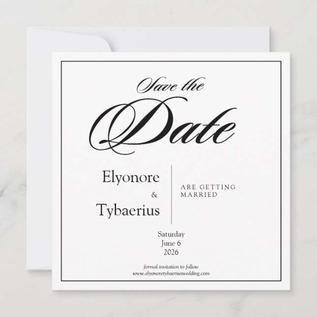 Black & White Minimal Square Wedding Save the Date Karte (Vorderseite)