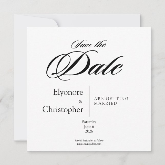 Black & White Minimal Square Wedding Save the Date Karte (Vorderseite)