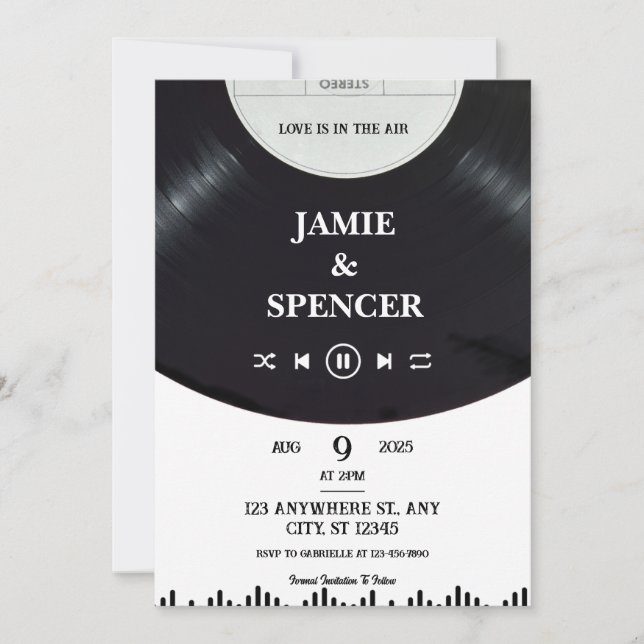 Black White Minimalist Vinyl Record  Save The Date Einladung (Vorderseite)