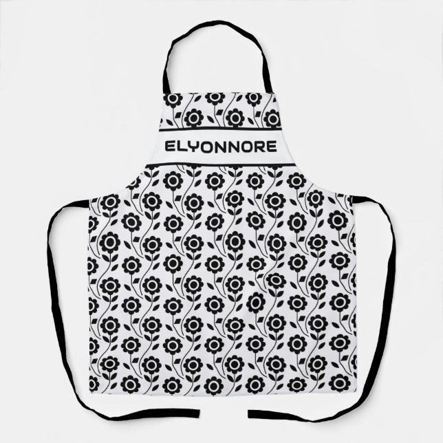 Black White Modern Geometric Flower Custom Name Schürze (Vorderseite)
