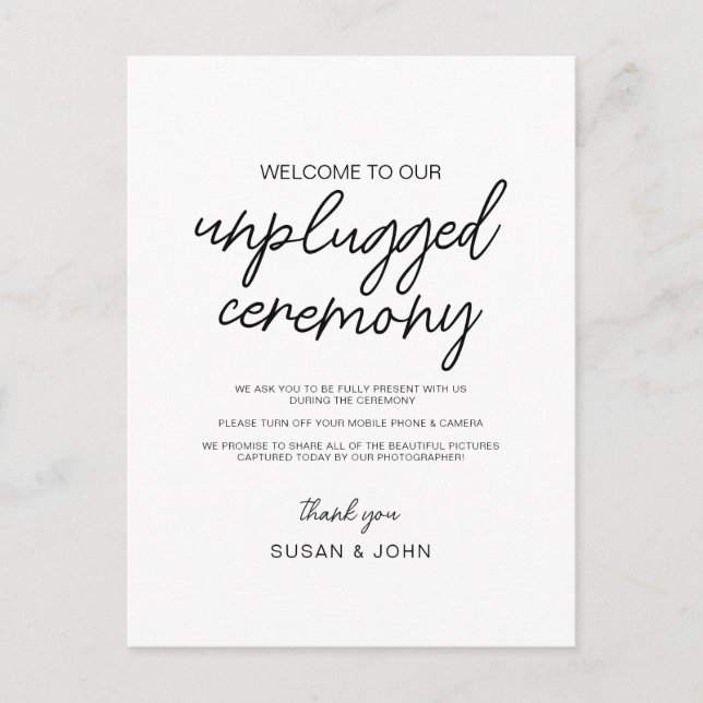 Black & White Modern Unplugged Wedding Sign  Postkarte (Vorderseite)