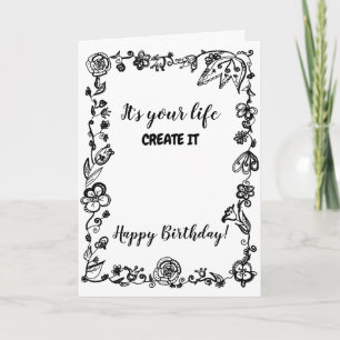Black White Monochrome Boho Floral Doodle Birthday Karte