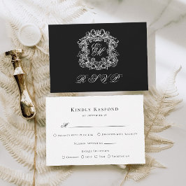 Black White Monogram Crest Elegant Wedding RSVP Karte