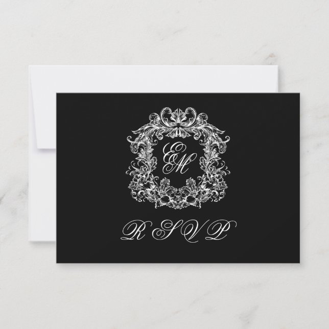 Black White Monogram Crest Elegant Wedding RSVP Karte (Vorderseite)