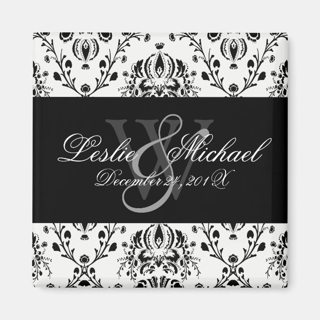 Black + White Monogram Damask Wedding, Magnete (Vorne)