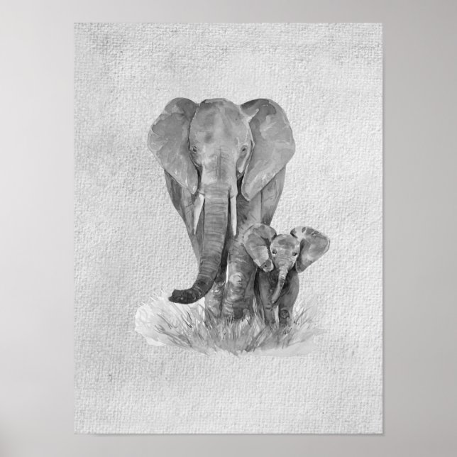 Black & White Mother & Baby Elephant Poster (Vorne)