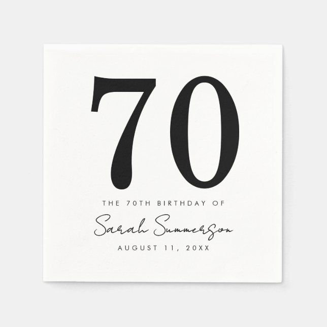 Black White Name Date Seventy 70th Birthday Party Serviette (Vorderseite)