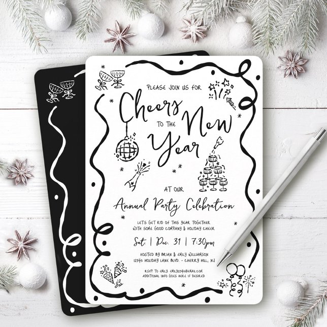 Black White New Year Cheer Hand Drawn Doodle Party Einladung (Von Creator hochgeladen)