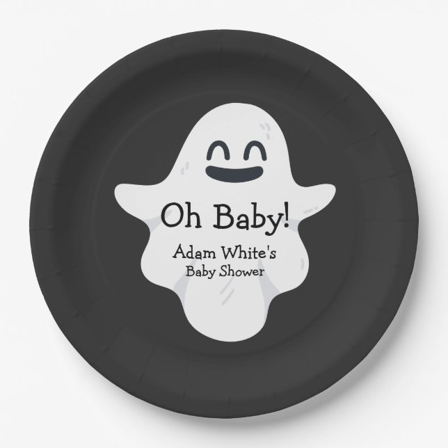 Black & White Oh Baby Ghost Halloween Kinderdusche Pappteller (Vorderseite)
