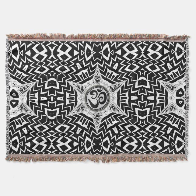 Black+White Om Star Trip Mandala Throw Blanket Decke (Vorderseite)