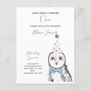 Black & White Owl 1. Geburtstag Junge Party Einladungspostkarte