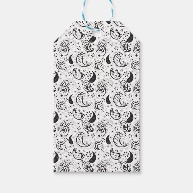 Black & White Paisley Pattern –Elegant Textile Art Geschenkanhänger (Vorderseite)