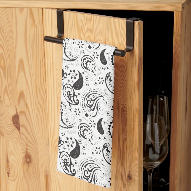 Black & White Paisley Pattern –Elegant Textile Art Geschirrtuch (Drittel gefaltet)