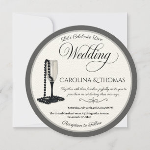 Black & White Pearl Champagne Glass Wedding Einladung