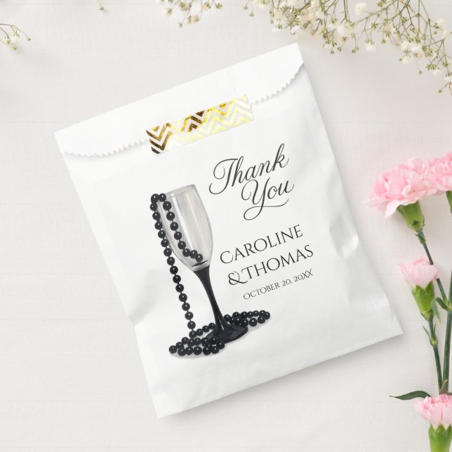 Black & White Pearl Champagne Glass Wedding Geschenktütchen (Versiegelt)