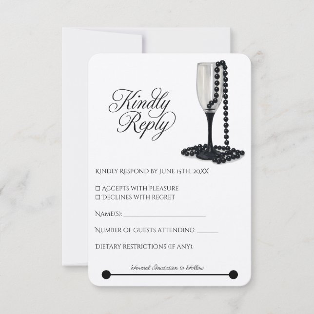 Black & White Pearl Champagne Glass Wedding RSVP Karte (Vorderseite)