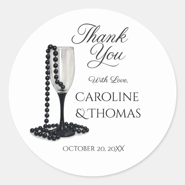 Black & White Pearl Champagne Glass Wedding Runder Aufkleber (Vorderseite)
