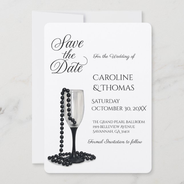 Black & White Pearl Champagne Glass Wedding Save The Date (Vorderseite)