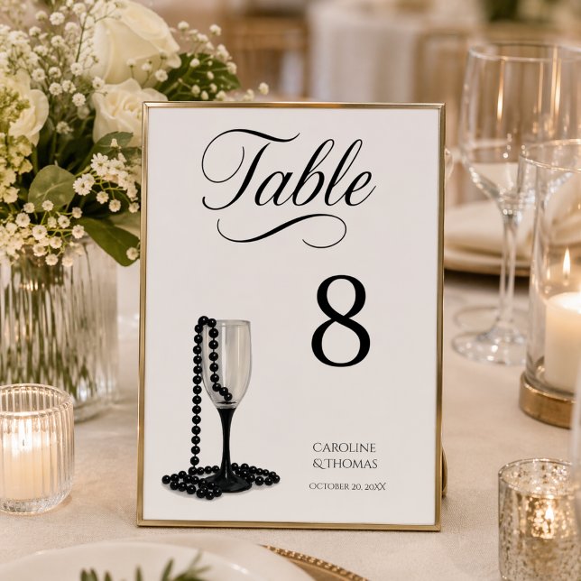 Black & White Pearl Champagne Glass Wedding Tischnummer (Von Creator hochgeladen)