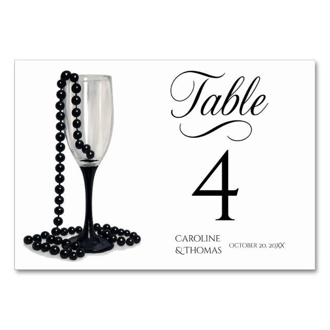 Black & White Pearl Champagne Glass Wedding Tischnummer (Vorderseite)