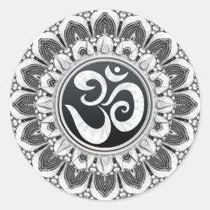 Black+White Petals Om Mandala Art Round Sticker