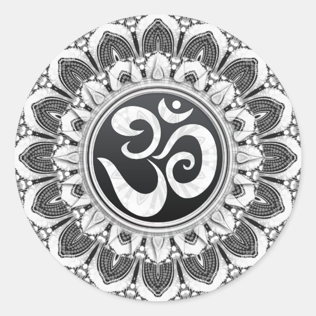 Black+White Petals Om Mandala Art Round Sticker (Vorderseite)
