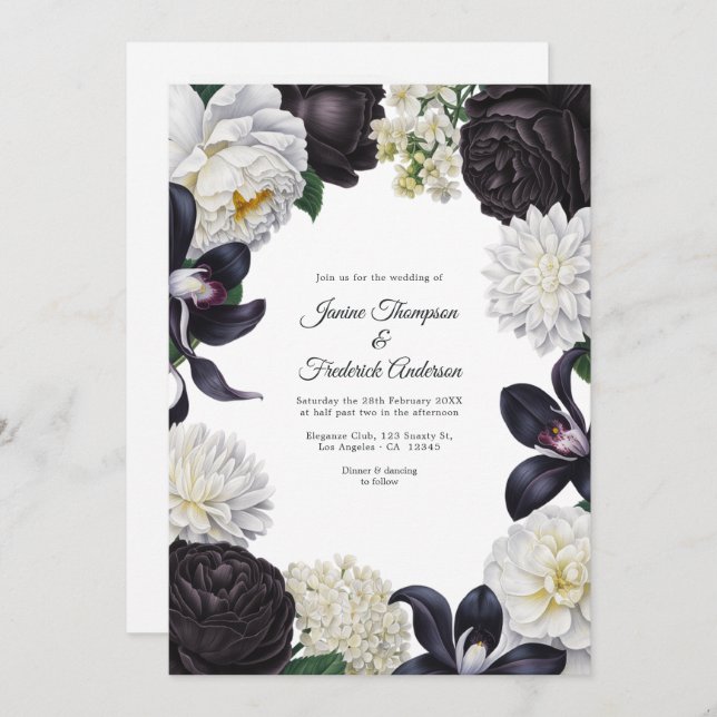 Black & White Photo/QR Code Floral Wedding Einladung (Vorne/Hinten)
