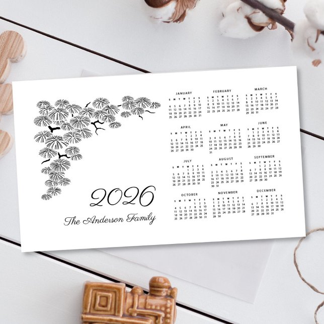 Black White Pine Branch Botanical Calendar 2026 Magnetkarte (Von Creator hochgeladen)