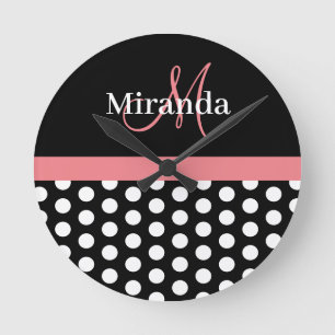 Black White Pink Monogram Polka Dot Watch Runde Wanduhr