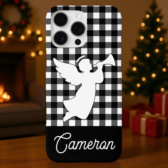 Black & White Plaid with Angel Custom Name Case-Mate iPhone Hülle (Von Creator hochgeladen)