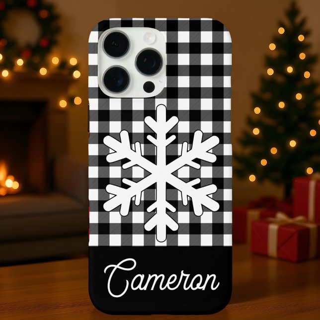Black & White Plaid with Snowflake Custom Name Case-Mate iPhone Hülle (Von Creator hochgeladen)